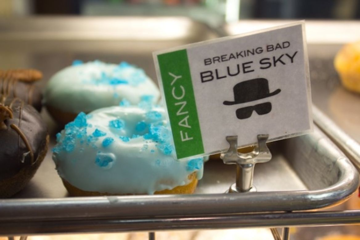 Keep with the "Breaking Bad" theme at Rebel Donut by devouring a vanilla cake doughnut with light blue, cotton-candy-flavored icing topped with blue rock candy.