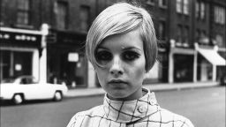 English model Twiggy is seen here in a London street with her classic look.