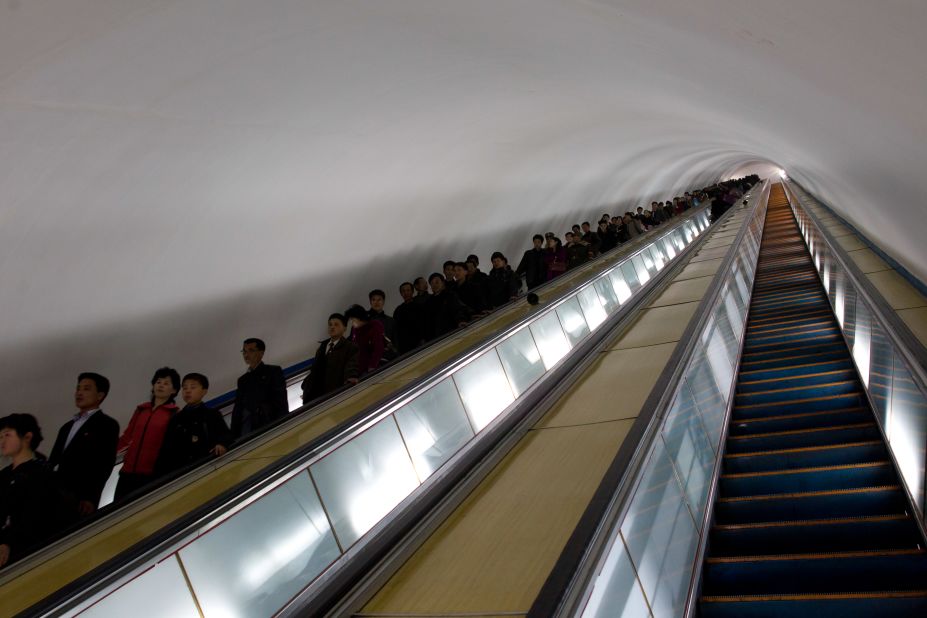 The Pyongyang Metro is 100 meters underground and it takes a couple of minutes to ride the escalator down to the station. It was opened between 1969 and 1972 by former President Kim Il-Sung.