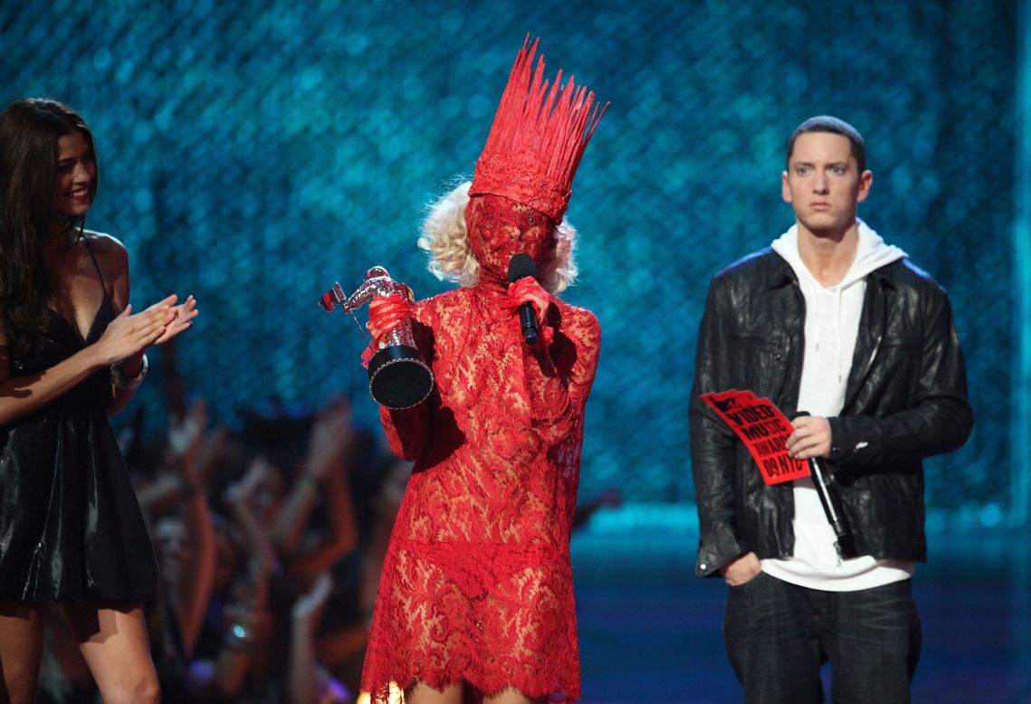 Lady Gaga accepts the award for best new artist from Eminem during the 2009 MTV Video Music Awards at Radio City Music Hall.