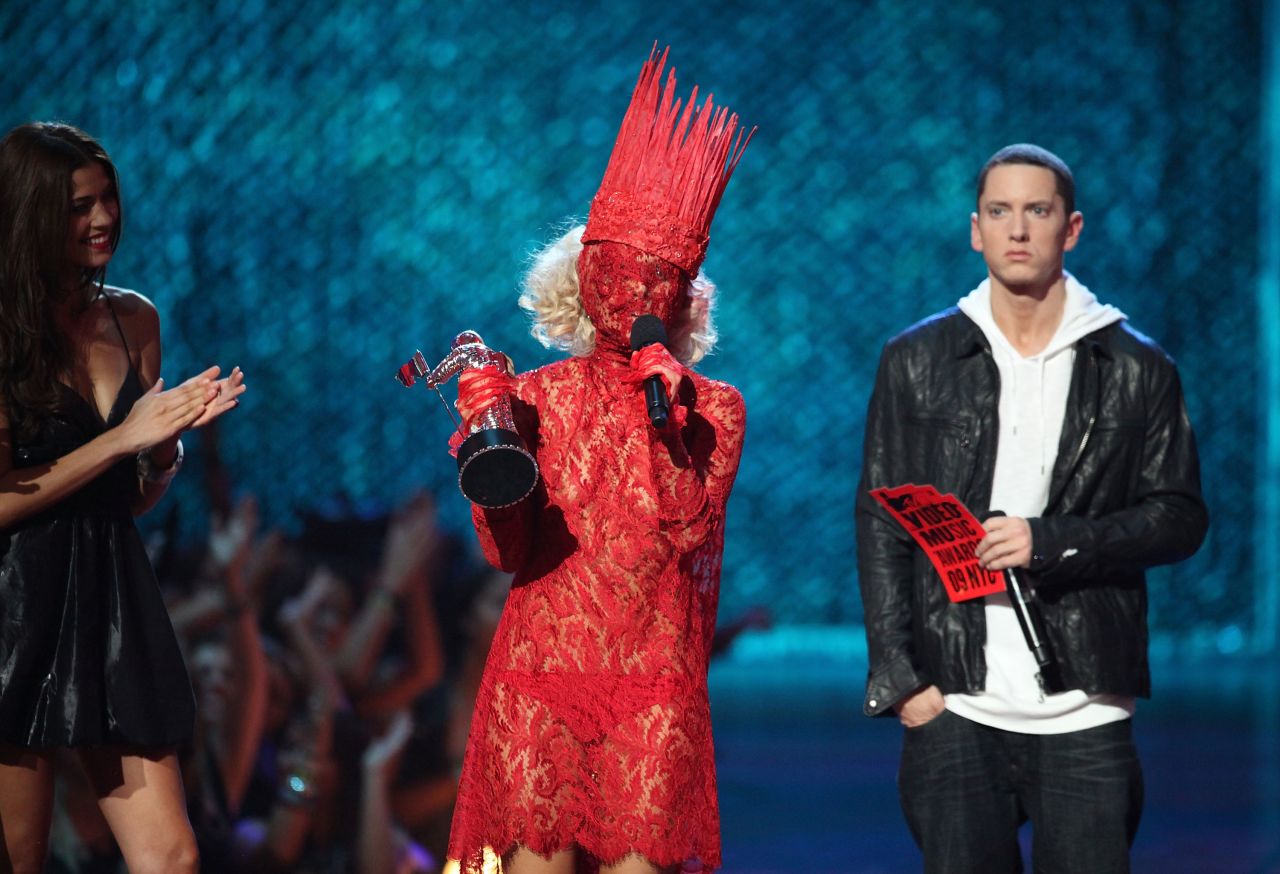 Lady Gaga accepts the award for best new artist from Eminem during the 2009 MTV Video Music Awards at Radio City Music Hall.