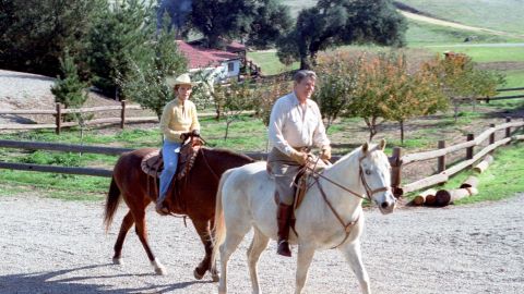 President Reagan and the first lady Nancy Reagon take a horseback ride at their Racho del Cielo cacation home in Santa Barbara, California. 
