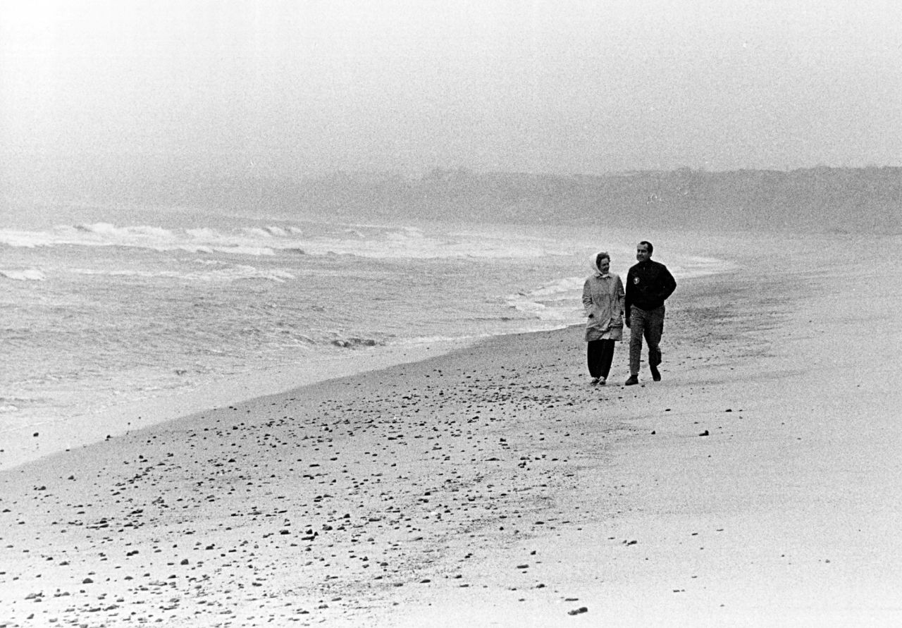 President Richard Nixon and his wife, Pat, walk along the beach in San Clemente, California, in 1971.