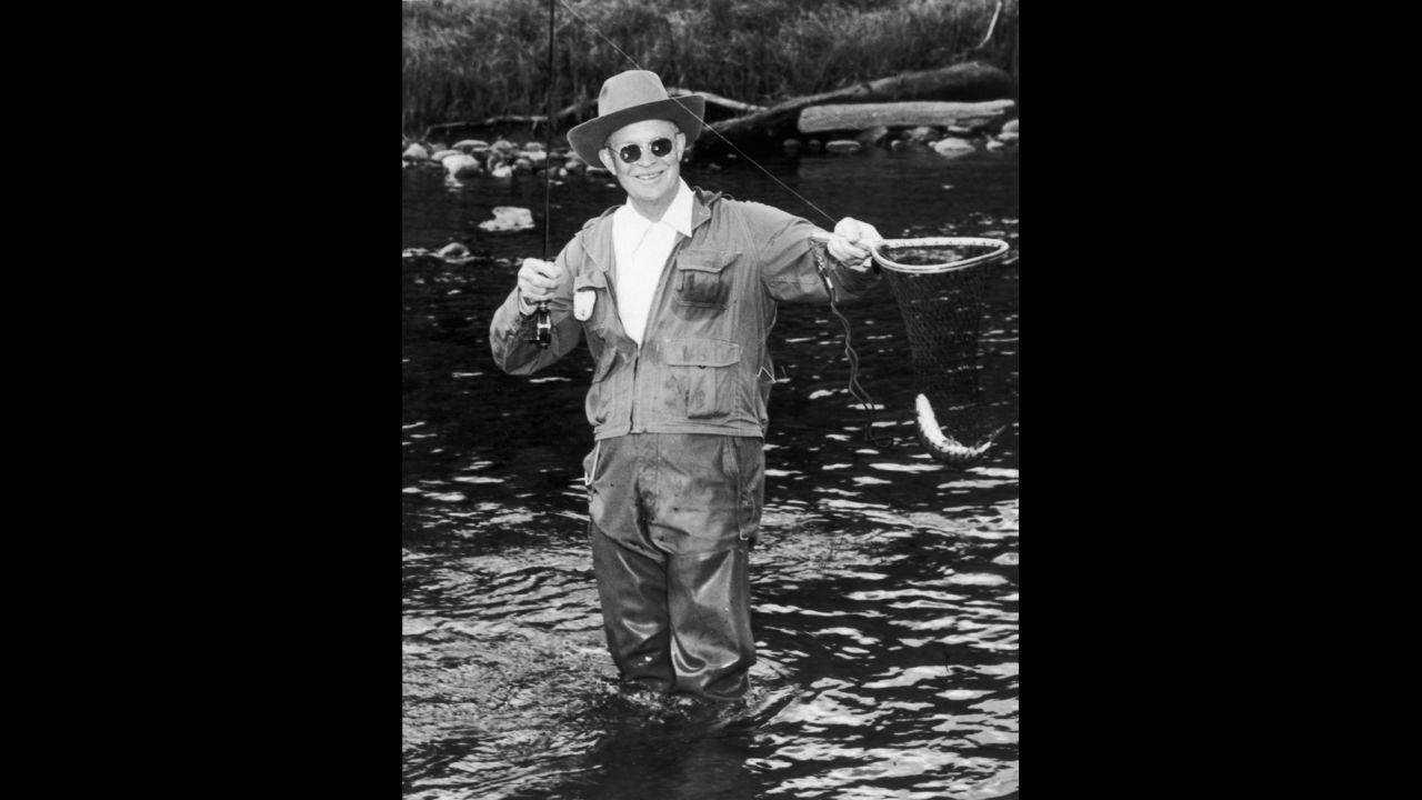 In 1953, President Dwight D. Eisenhower fishes the North Platte River at the Swan Hereford Ranch in Colorado. Eisenhower also enjoyed golf trips to Augusta, Georgia.