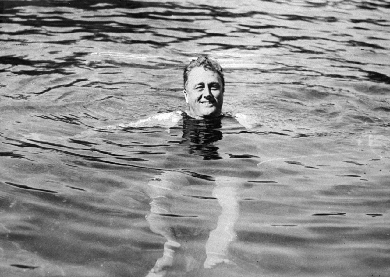 President Franklin D. Roosevelt swims in Warm Springs, Georgia.