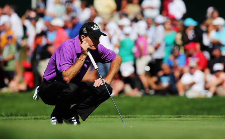 Jim Furyk wanted to get it just right as he prepared to hit a shot on the sixth hole. He got most everything right and leads by a shot entering play Sunday.  