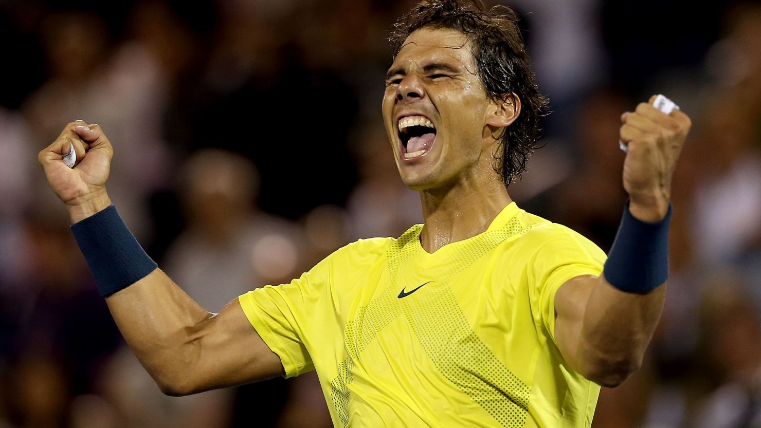 Rafael Nadal celebrates his win over Novak Djokovic at Uniprix Stadium in Montreal, Quebec, Canada.