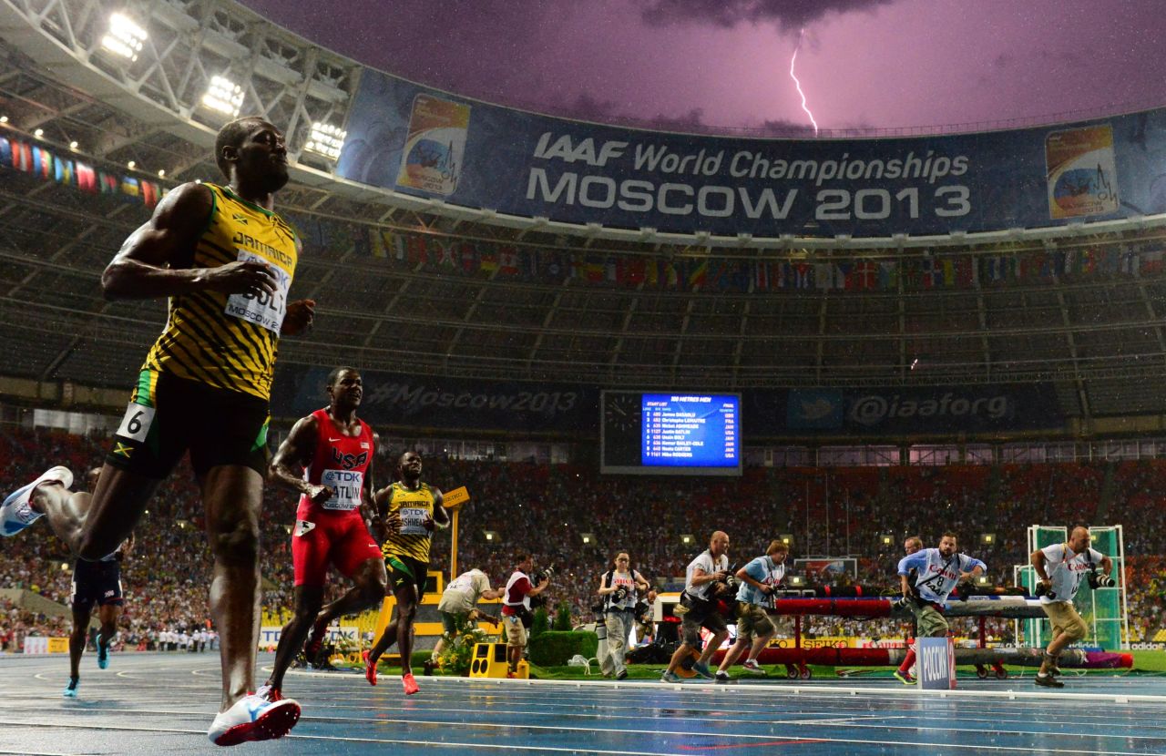 JULY 12 - MOSCOW, RUSSIA: Lightning bolt strikes as <a href="http://cnn.com/2013/08/11/sport/bolt-world-championships/index.html">Usain Bolt wins the 100 meters final </a>at the World Championships on July 11. The world's fastest man reclaimed the title after being <a href="http://cnn.com/2011/SPORT/08/28/athletics.worlds.bolt.disqualified/index.html">disqualified from the 2011 final</a> due to a false start. Bolt now owns six world championship gold medals and six Olympics gold medals.