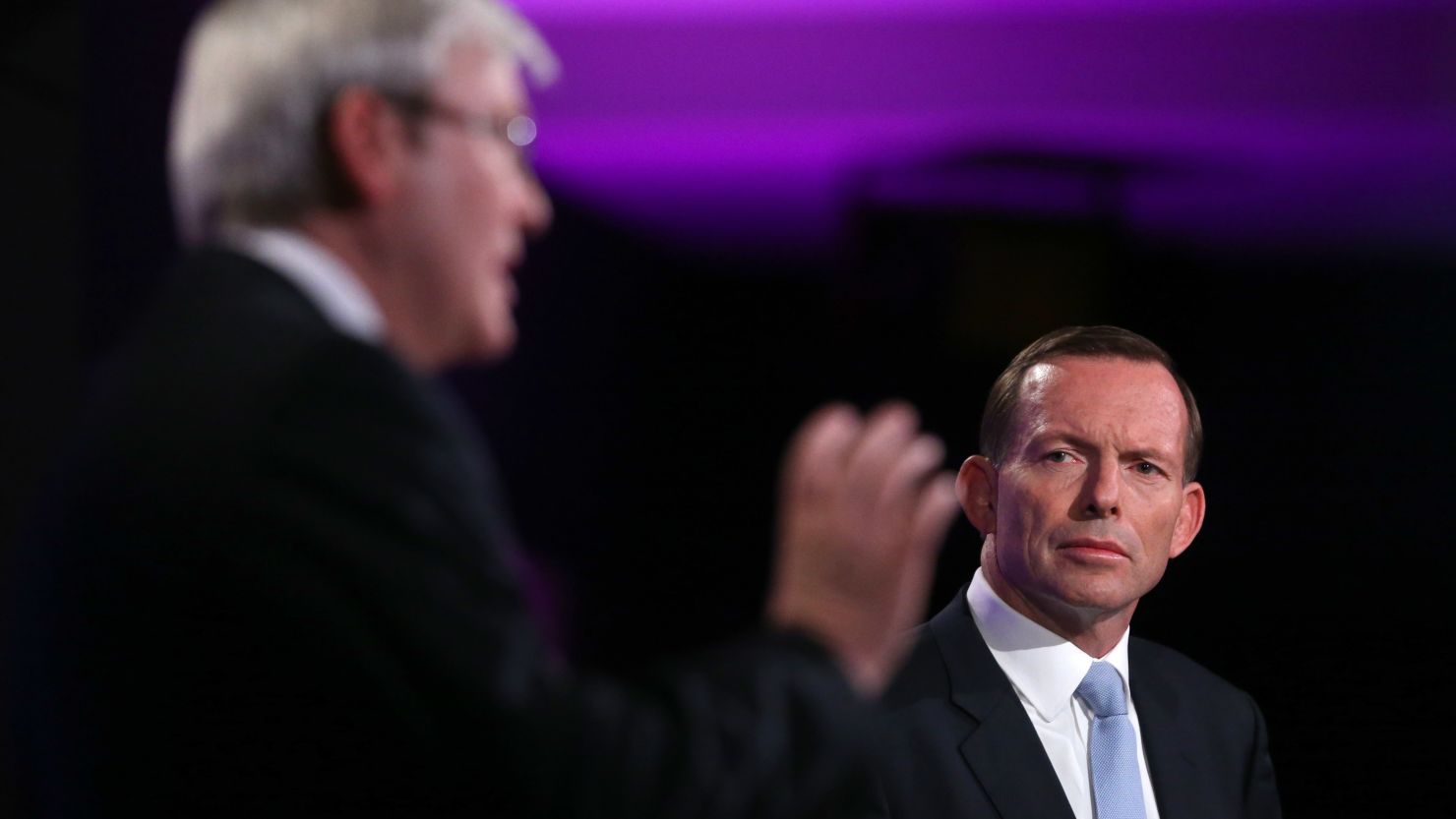 Prime Minister Kevin Rudd and Opposition Leader Tony Abbott during the Leaders Debate on August 11, 2013 in Canberra.