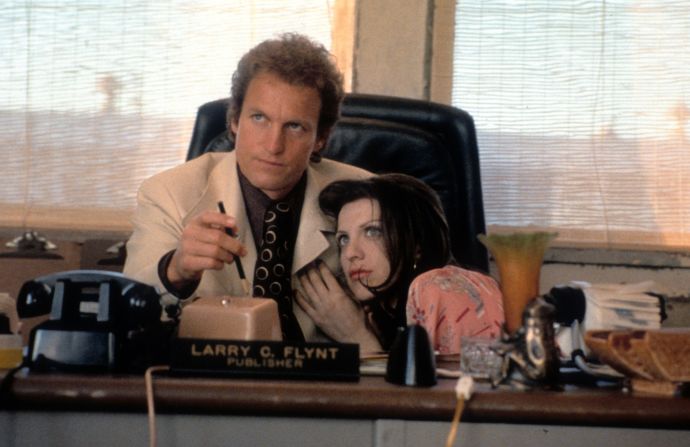Woody Harrelson and Courtney Love star in the 1996 film "The People vs. Larry Flynt" about the founder of Hustler magazine.