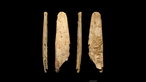 These are four views of the most complete lissoir bone tool found during excavations at the Neanderthal site of Abri Peyrony, France.
