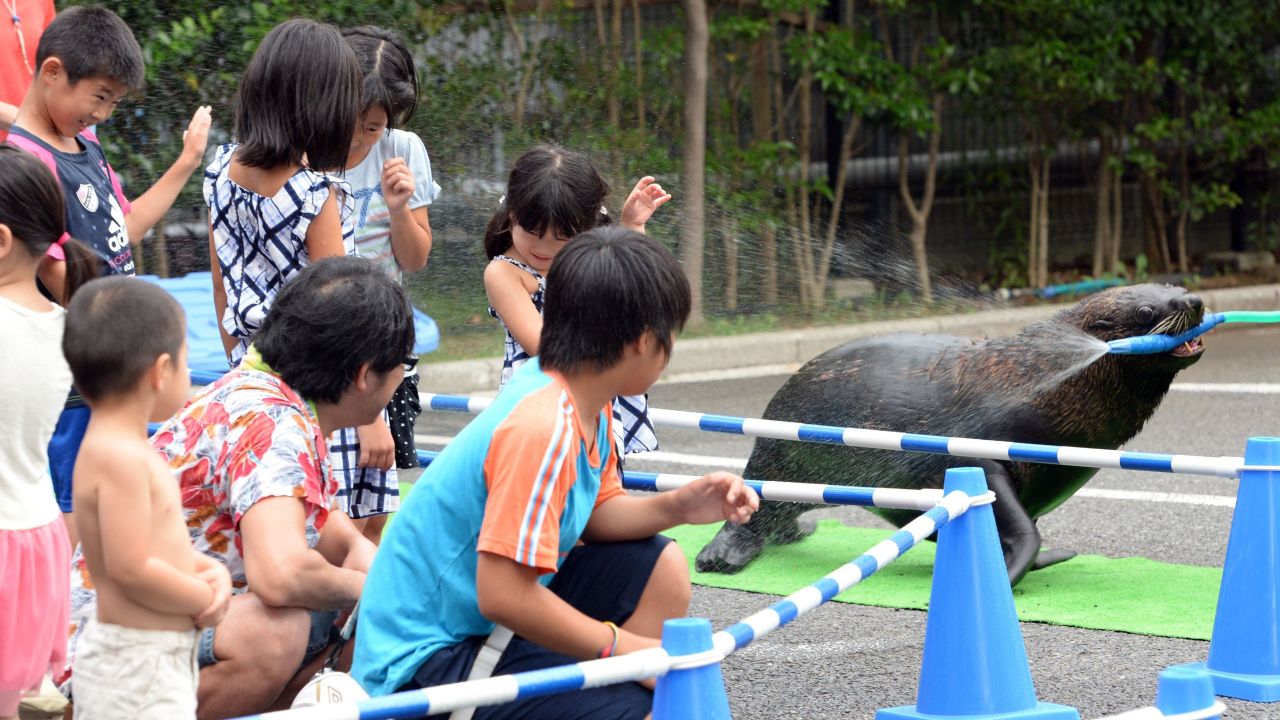A sea lion splashes water with a hose to cool down young visitors at the Aqua Stadium in Tokyo on August 12.