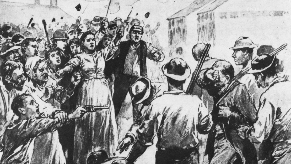 Sketch portraying striking steelworkers clashing with armed detectives in Homestead, Pennsylvania, in 1892.