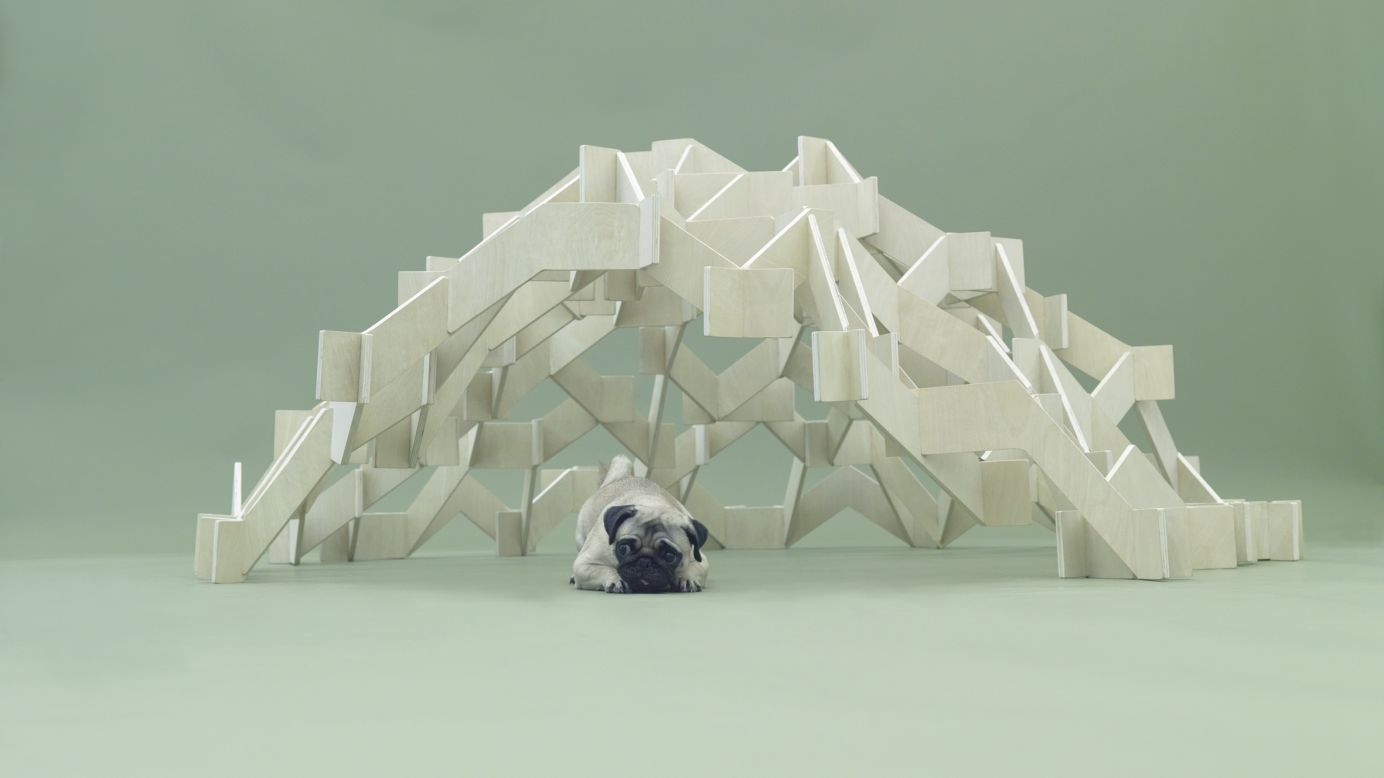 Kengo Kuma's "Mount Pug" was designed for the small dog in mind. The zigzagging structure allows a playful pug to climb the doghouse from inside or out and provides a sheltered resting space for nap time.