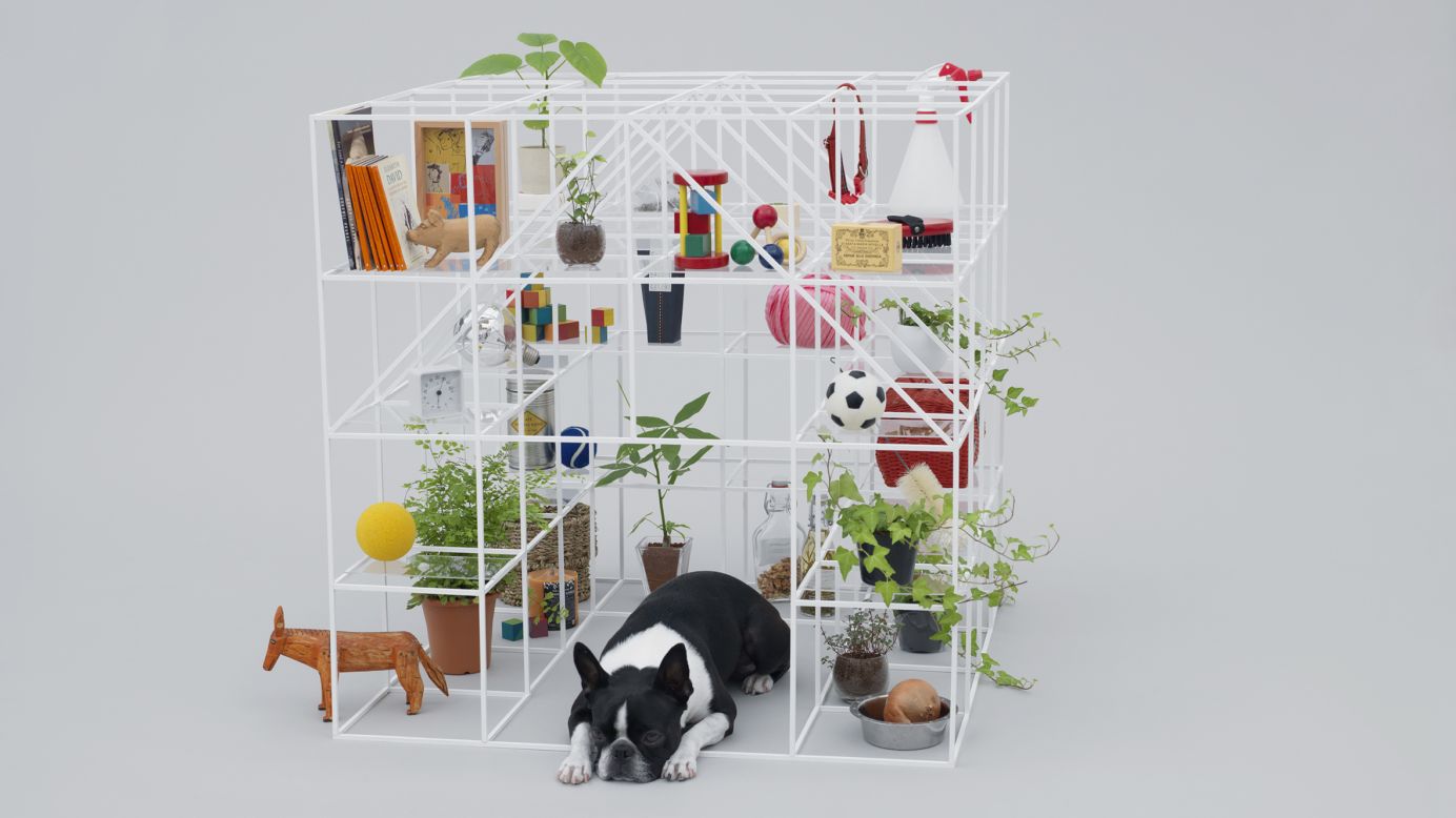 Inspired by the Boston terrier, Sou Fujimoto's "No Dog, No Life!" is a hybrid of a bookshelf and a doghouse. The Boston terrier's owner can fill the wire frame with all the trappings of a well-decorated home.