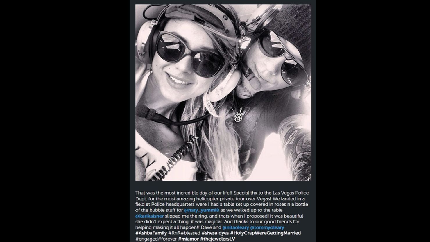The Instagram photo Daren Jay "DJ" Ashba posted showing him and his now-fiancée in a police helicopter. 
