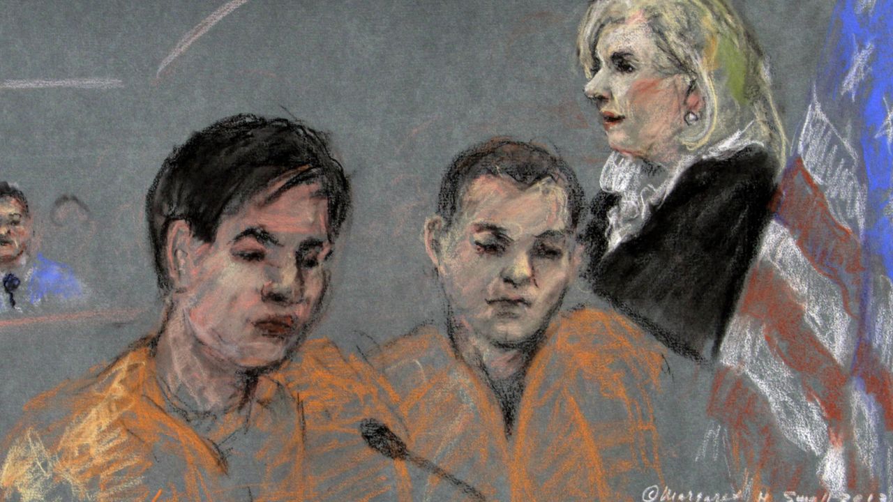 A courtroom sketch shows  defendants Dias Kadyrbayev, left, and Azamat Tazhayakov as theyappear before Magistrate Judge Marianne Bowler on Tuesday, August 13, in federal court in Boston. 