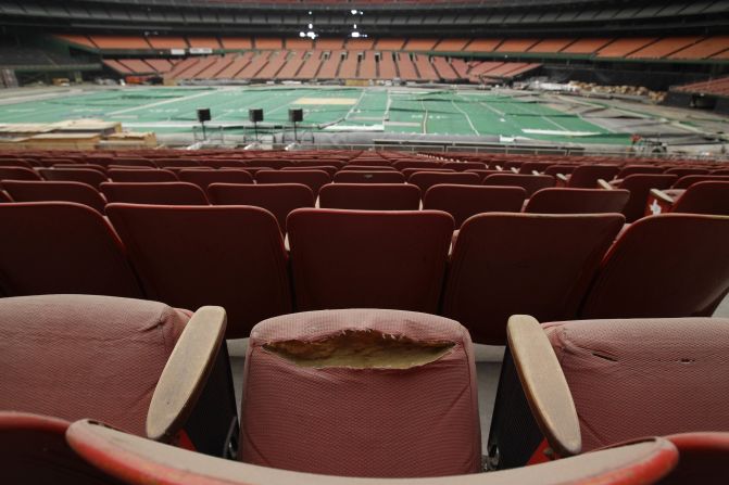 Rows of dirty, tattered seats ring the Astrodome in May 2012.