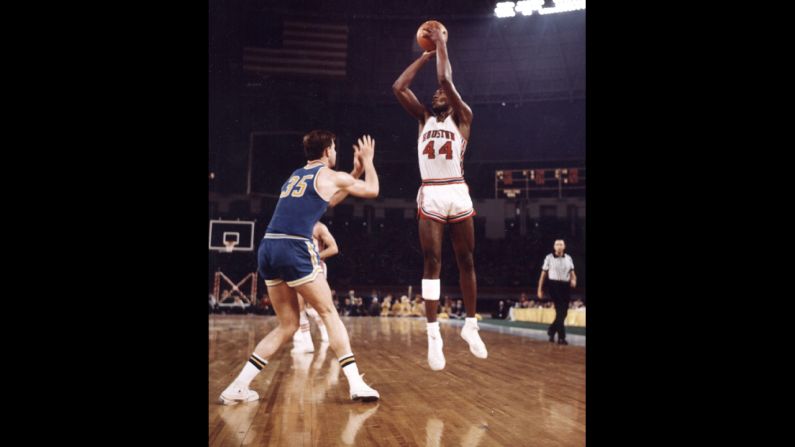 Houston's Elvin Hayes goes for a jump shot against UCLA in what became known as "The Game of the Century." The NCAA basketball game, played on January 20, 1968, was the first regular-season game broadcast in prime time on national television. It was also the first basketball game at the Astrodome.
