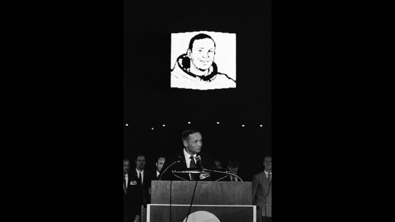 Apollo 11 astronaut Neil Armstrong addresses thousands jammed into the Astrodome on August 16, 1969. The event celebrated the successful US mission to the moon. 