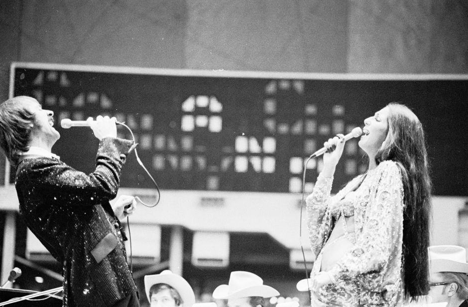 Sonny and Cher perform at the Houston Livestock Show and Rodeo in February 1974.