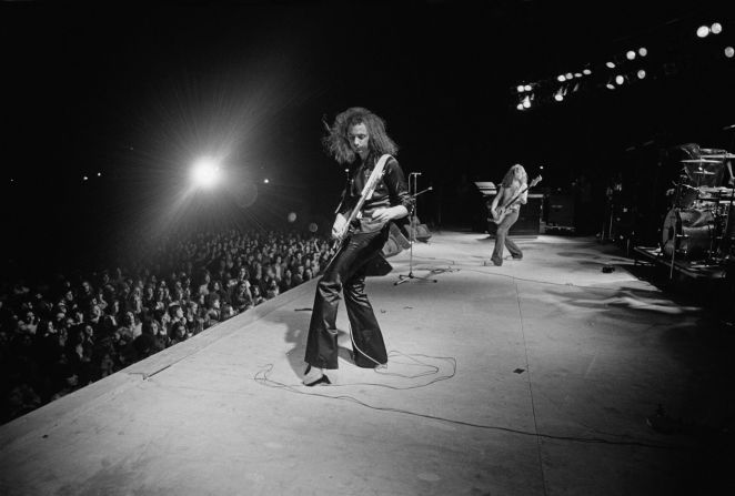 Deep Purple guitarist Ritchie Blackmore and bass player Glenn Hughes perform at the Astrodome in August 1974.