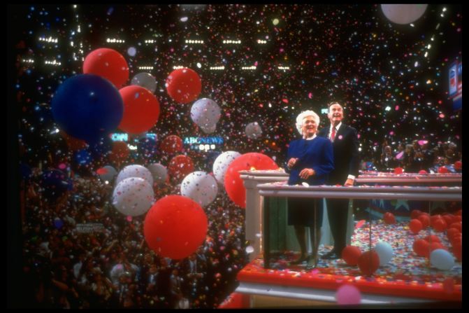 US President George H.W. Bush and first lady Barbara Bush ring in the close of the Republican National Convention in August 1992. Bush would go on to lose to Bill Clinton in the general election.