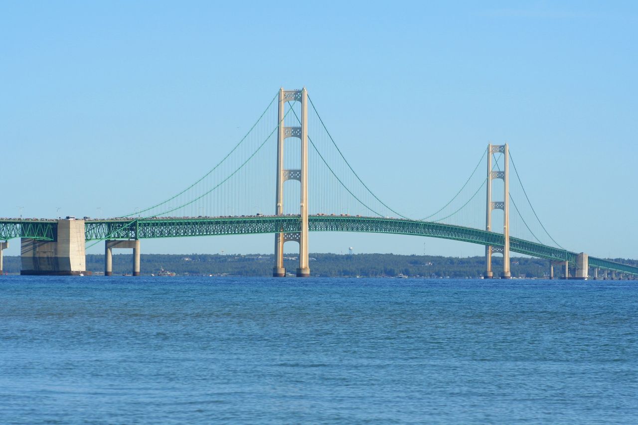 Michigan's Mackinac Bridge, aka Mighty Mac, is "quite a structure with it's three suspended spans," O'Donnell says. The distance from the water to the deck at the bridge's center is about 155 feet, <a href="http://www.mackinacbridge.org/about-the-bridge-8/" target="_blank" target="_blank">according to the bridge website. </a>
