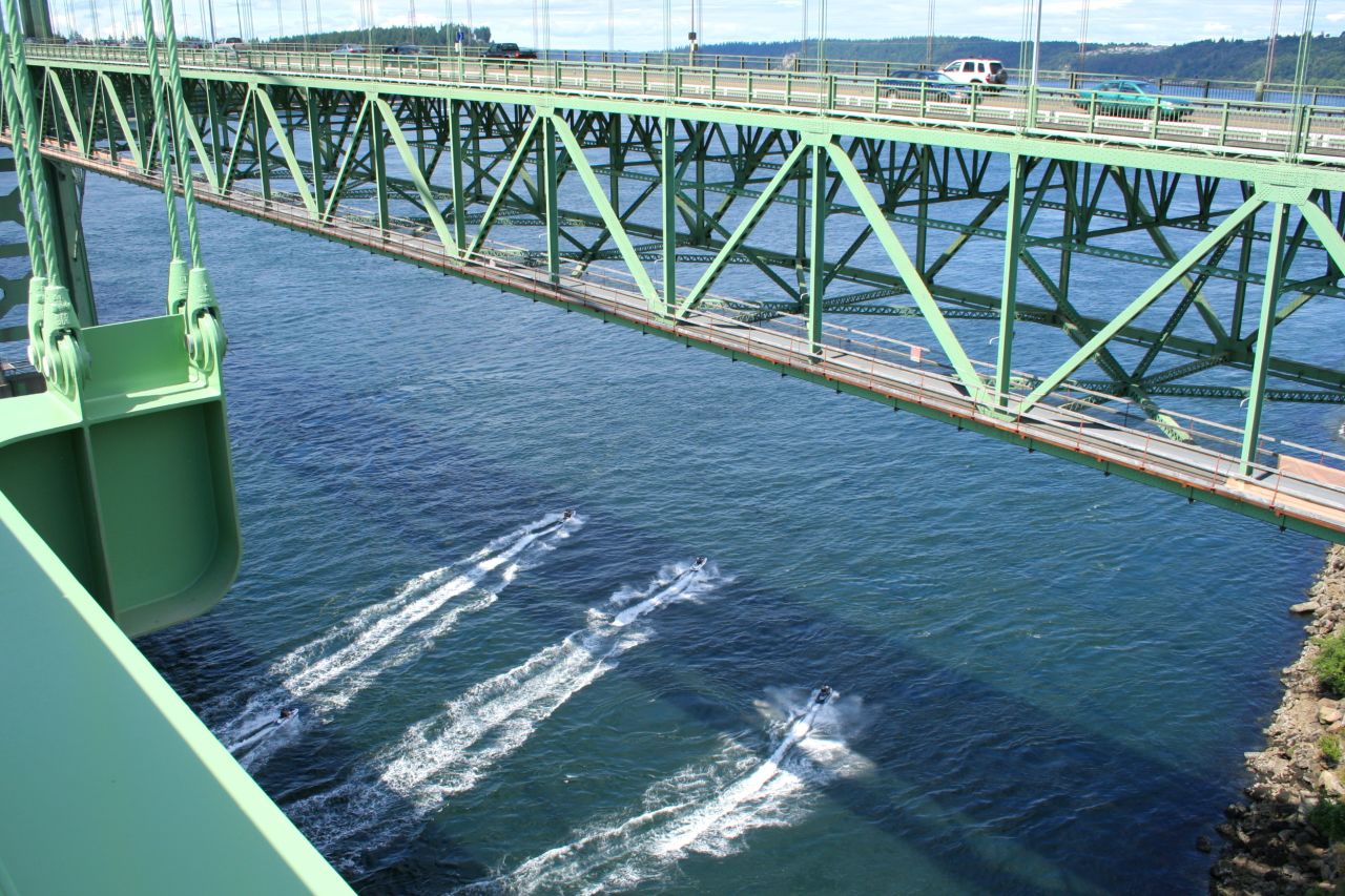 A second span to the Tacoma Narrows Bridge was added in 2007. From road to water, the clearance is about 187 feet. 