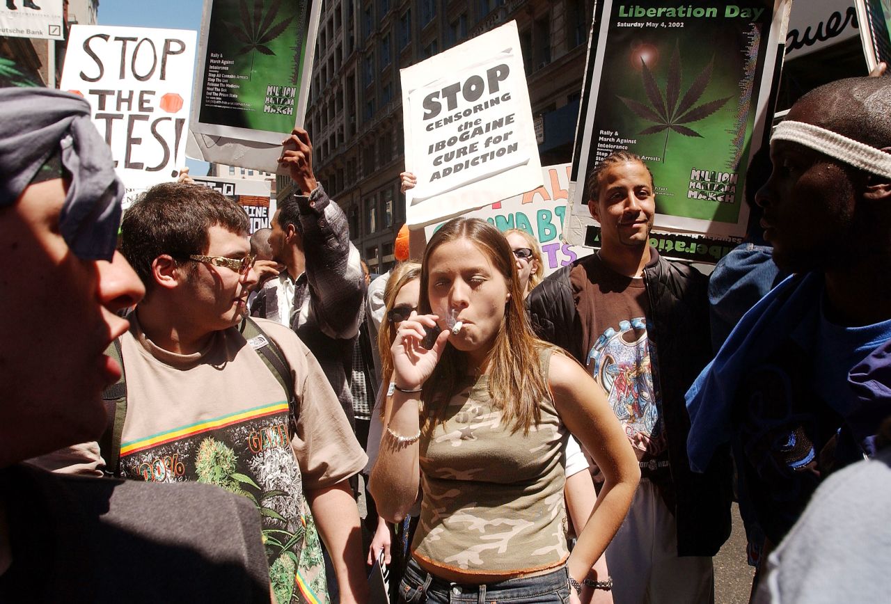 People in New York gather for a pro-cannabis rally on May 4, 2002. That same day, almost 200 similar events took place around the world to advocate for marijuana legalization. It was dubbed the "Million Marijuana March."