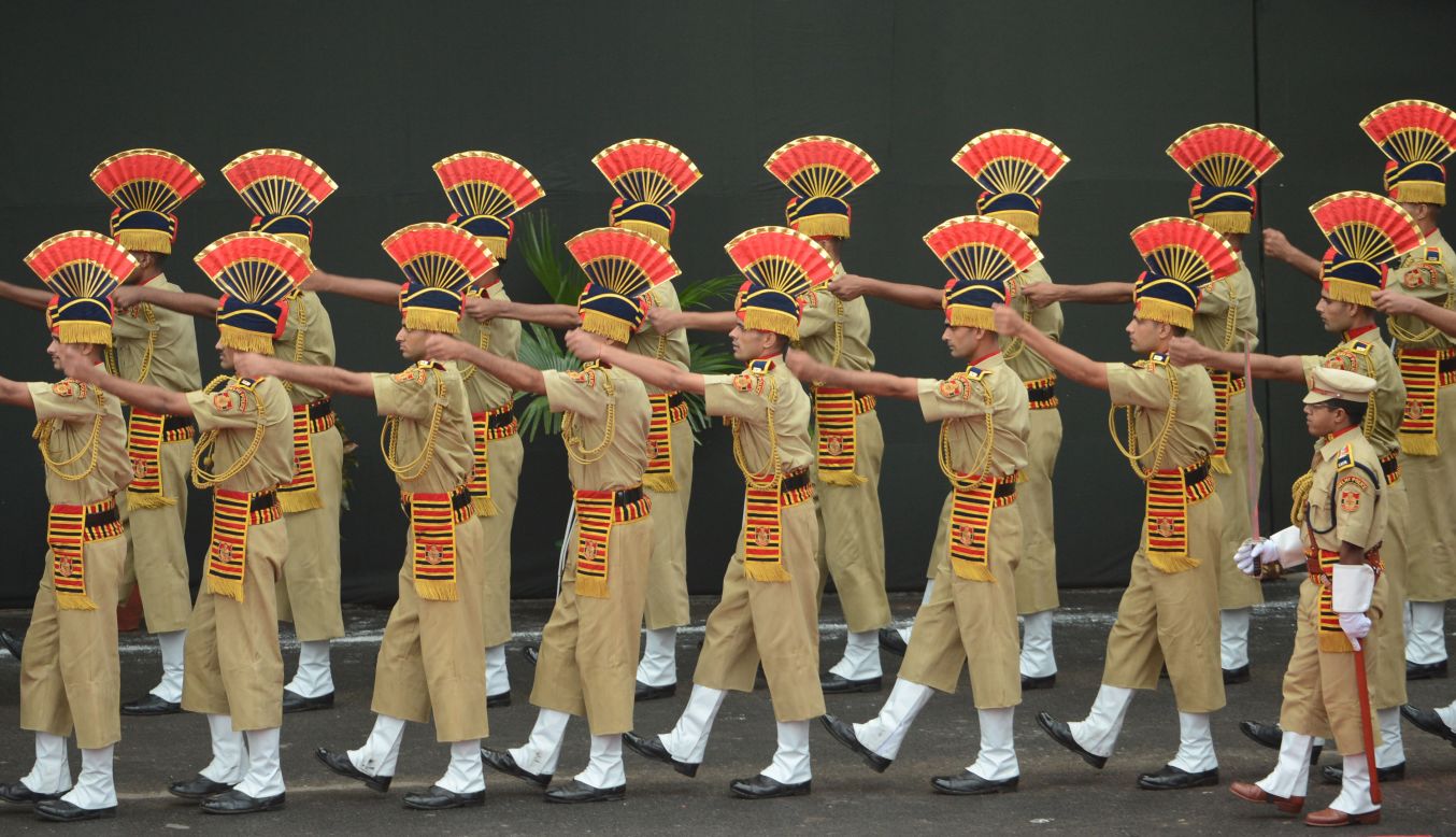 Delhi policemen march at the Red Fort in New Delhi.