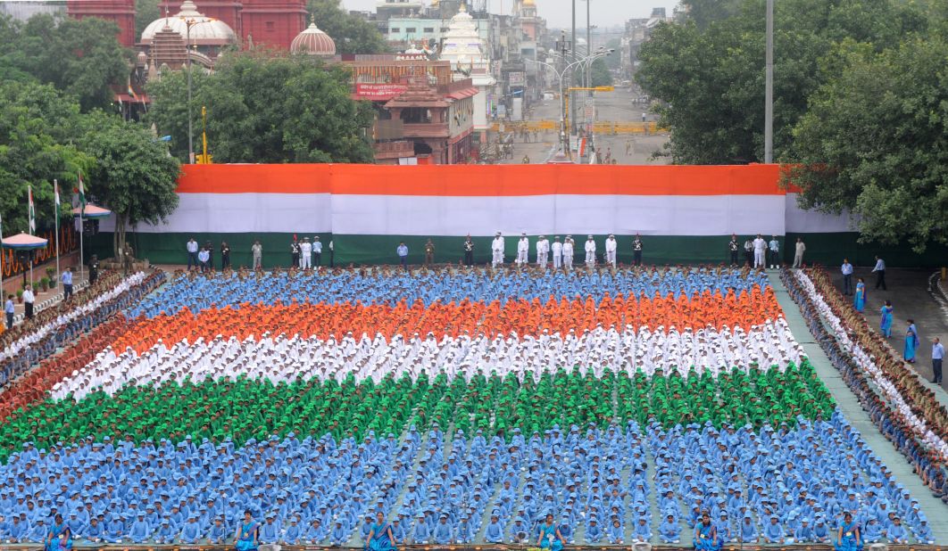 Schoolchildren participate in celebrations at the Red Fort in New Delhi.