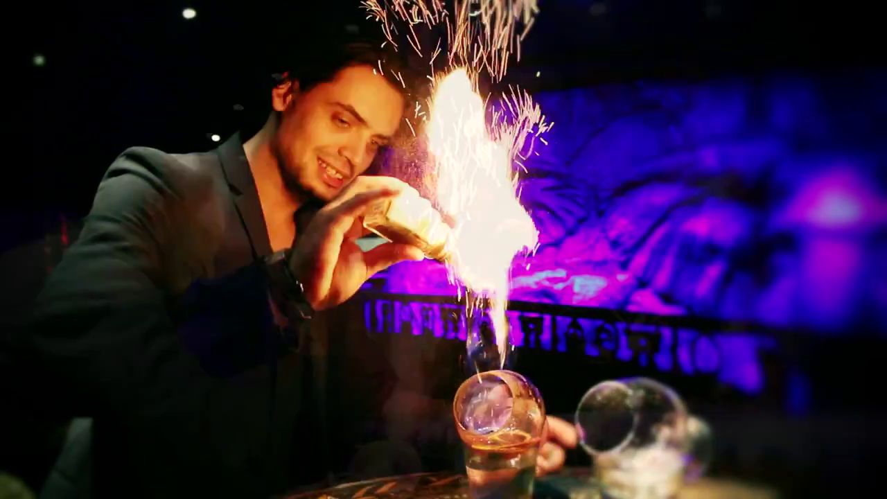 The Rum Blazer requires the mixologist to set whisky a blaze and throw the flaming liquid between two silver tankards. 