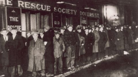 A bread line forms in New York City during the Great Depression in 1929.