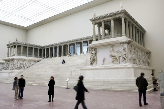 The Pergamon Altar, in the Berlin museum named after it, cows visitors with its size -- then draws them in with its astonishingly detailed friezes.