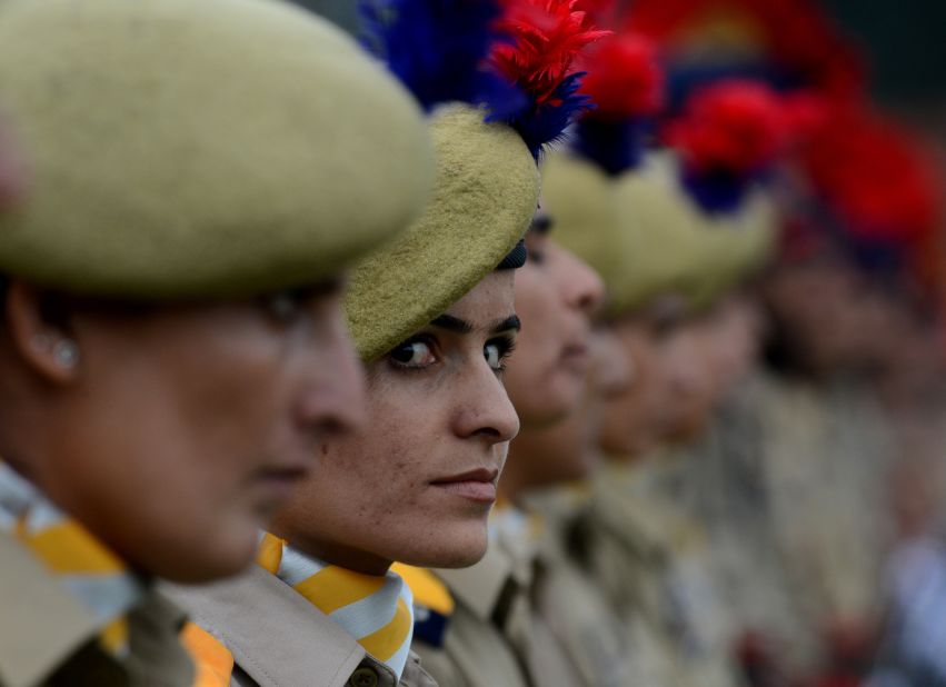 Jammu and Kashmir Armed Police (JKAP) servicewomen stand in formation at the Bakshi Stadium in Srinagar on August 15, 2013. 