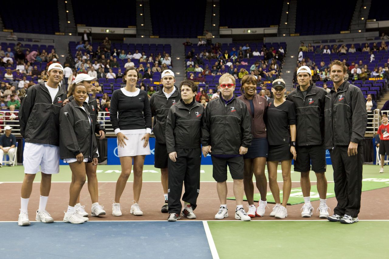 King, along with ex-husband Larry, set up World Team Tennis, a professional league with a team format, in 1973. Here she is joined by a cast of players present and past at a charity day -- including Lindsay Davenport, Andy Roddick, Serena Williams, Anna Kournikova, Tommy Haas and Jan-Michael Gambill -- as well as pop star Elton John. 