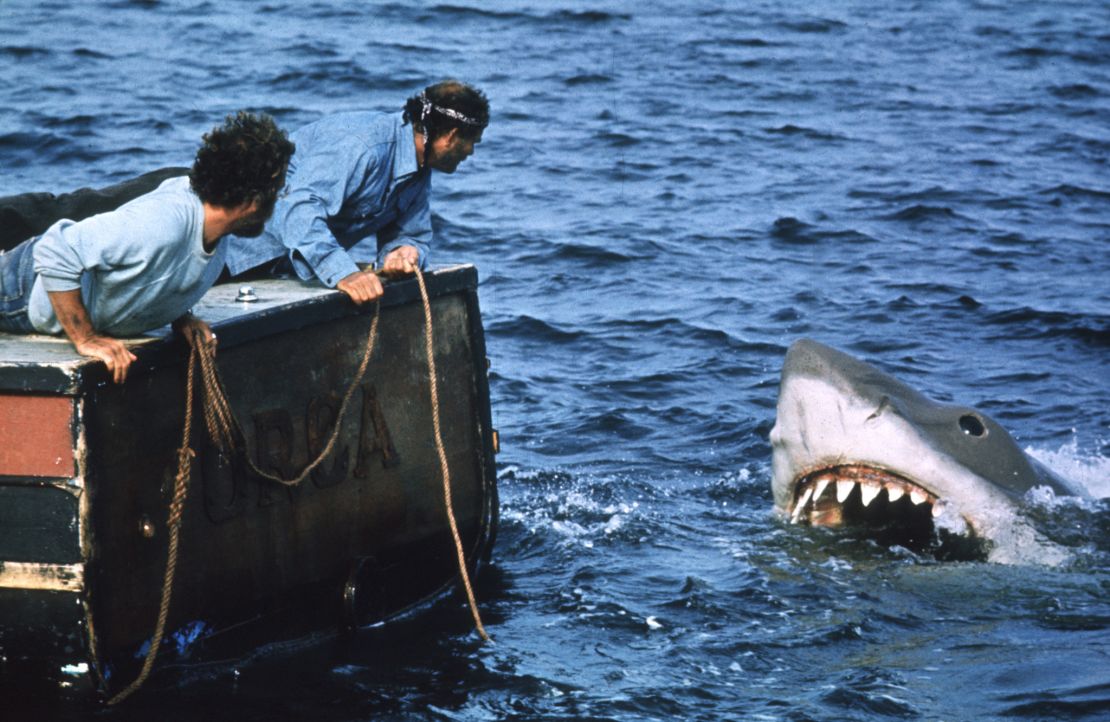 Shark expert Matt Hooper (Richard Dreyfuss) and shark hunter Quint (Robert Shaw) meet their prey, and vice versa, in the 1975 classic, "Jaws."