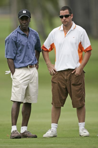 Adam Sandler (right, with fellow actor Don Cheadle at a PGA Tour pro-am event) will always be remembered in golfing circles for the 1996 film Happy Gilmore. He played a failed ice hockey player who changes careers -- with maverick moves copied by real-life hackers around the globe.