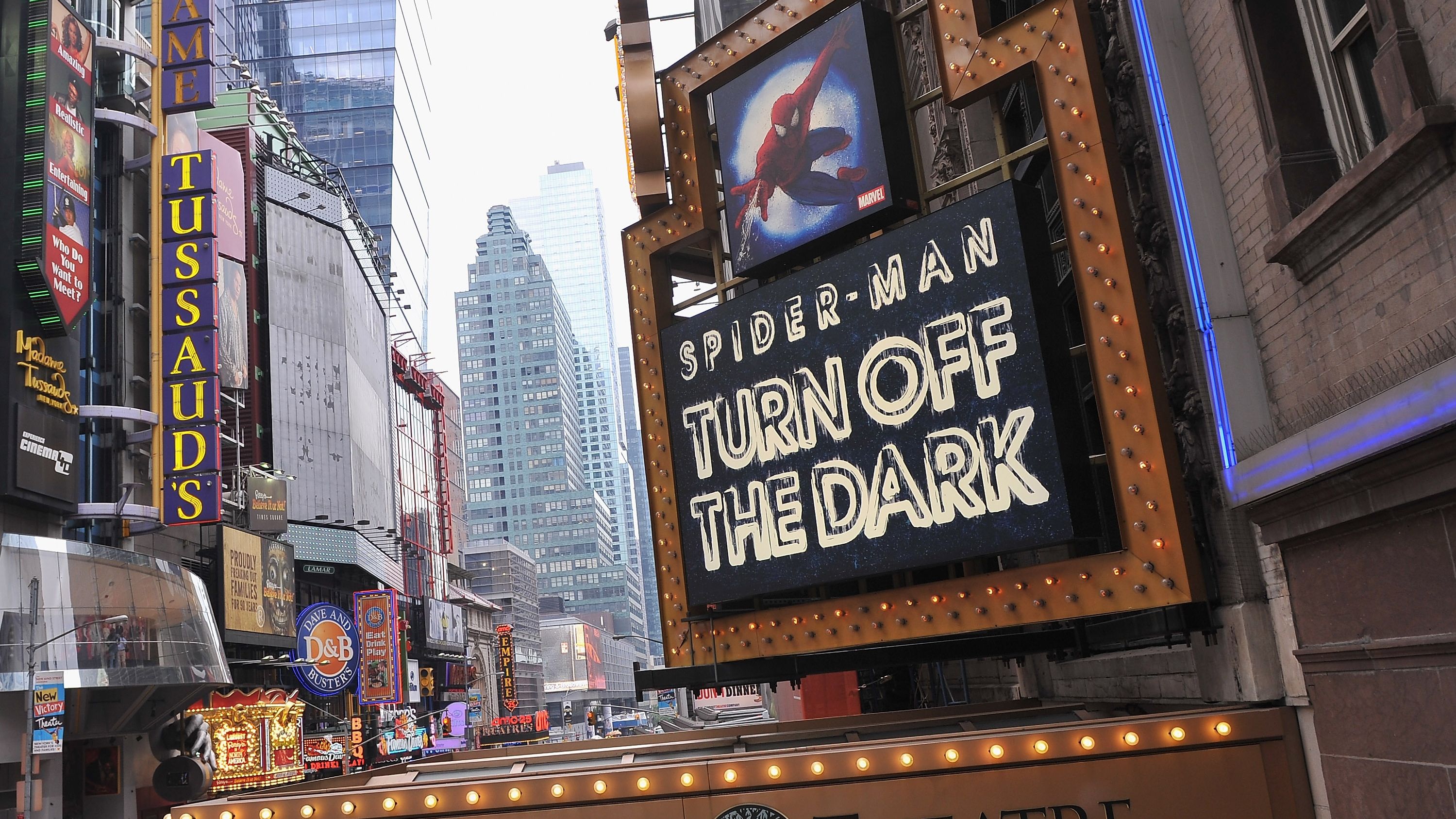 Foxwoods Theatre' marquee of "Spider-Man Turn Off The Dark" in 2012 in New York City.