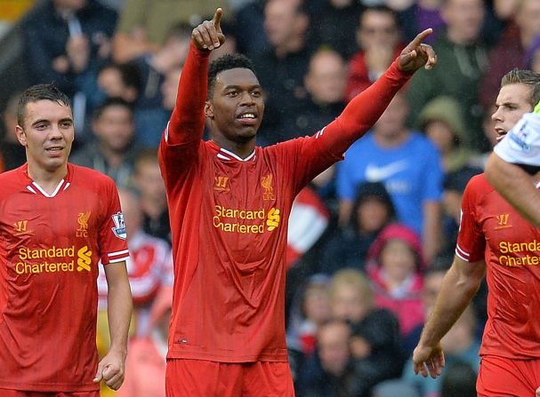 Daniel Sturridge celebrates after scoring Liverpool's opening goal at Anfield on Saturday.