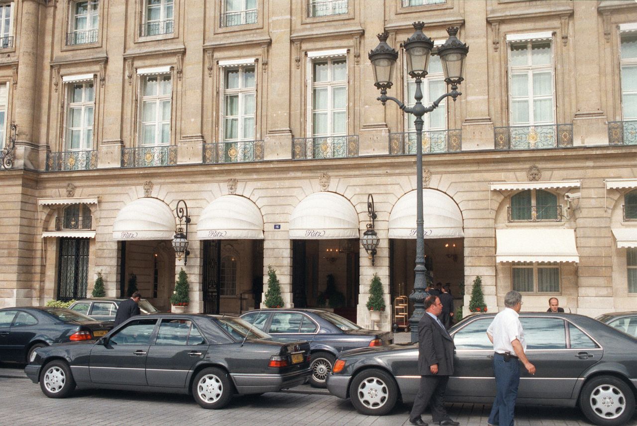 Limousines parked in front of the Ritz on August 31, 1997 -- shortly before Princess Diana and Dodi al-Fayed left the Paris hotel. The pair died in a high-speed crash after leaving the hotel. 