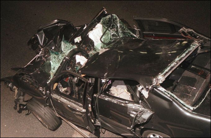 The wreckage of the car Princess Diana and Dodi al-Fayed were riding in when they crashed.