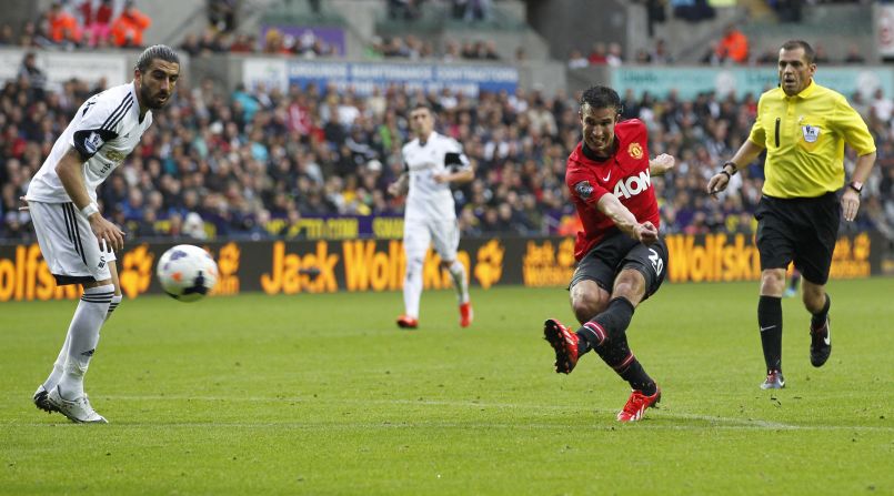 Robin van Persie lashes in his second goal against Swansea City. The Dutch striker left  Wayne Rooney in the shade yet again. The unsettled English striker came on as a second-half substitute but failed to score.  