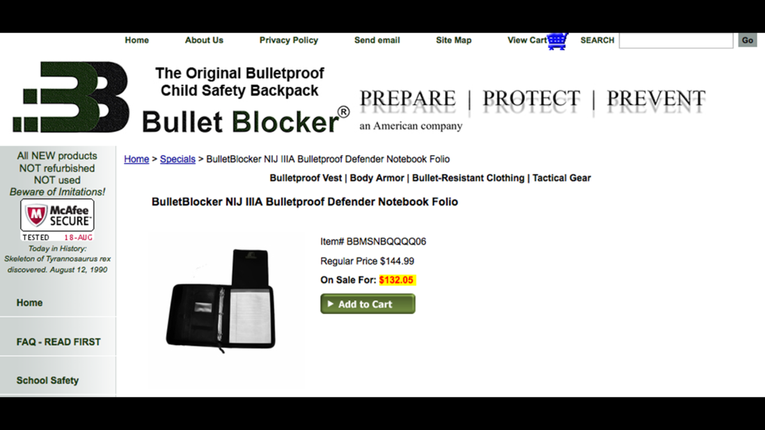 BulletBlocker's notebook folio provides multipocket organization and an 11-by-14-inch shield against ballistics. "The Defender Folio is perfect for situations where a backpack isn't practical or allowed," the company says on its website.