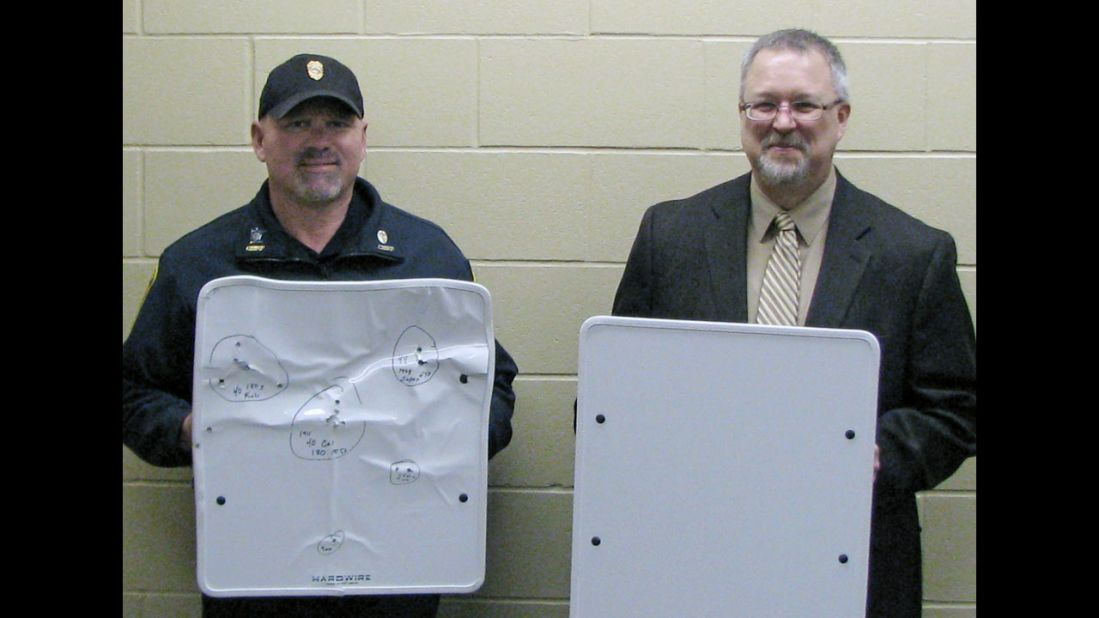 Ahead of the fall semester, <a href="http://www.cnn.com/2013/08/17/us/maryland-armored-whiteboards/index.html">the University of Maryland-Eastern Shore announced </a>that it is purchasing 200 bulletproof whiteboards from Hardwire LLC, a company based in Pocomoke City, Maryland. The shootings at Sandy Hook were a factor, said Juliette Bell, the university president. "Anything that we can do that could potentially save a life, we are going to explore," she said. Pictured, Police Chief Phil Jones, left, and Rocori School District Superintendent Scott Staska of Cold Spring, Minnesota, where schools acquired the kevlar whiteboards.