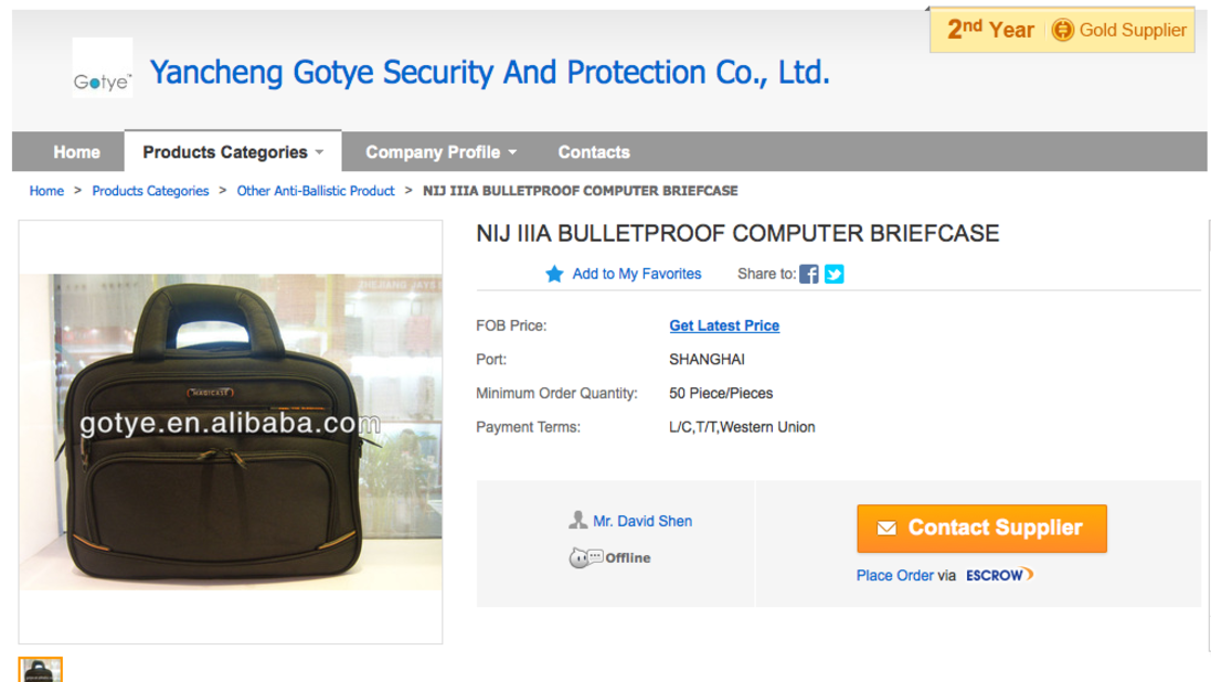 Another protection for the businessman: the bulletproof computer briefcase. This model from Yancheng Gotye in China comes in black and red.