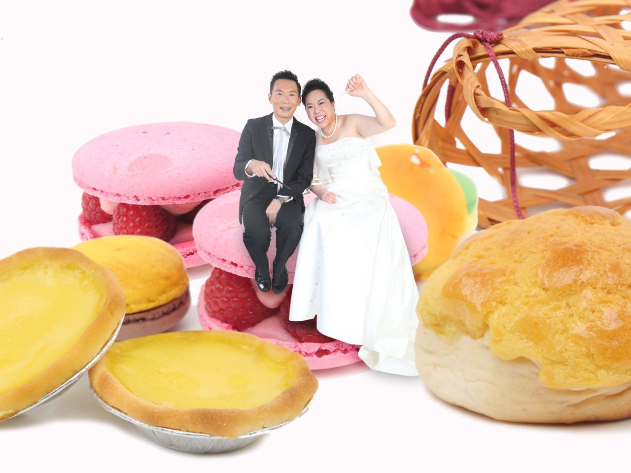 Warning: These are not your average engagement photos. These creative Hong Kong couples sought to portray something distinctive about their personalities, passions, or love stories in their shoots. Here, food-loving couple Daniel Chan and Kim Lee are superimposed on macaroons and Hong Kong pastry favorites -- egg tarts and pineapple buns.