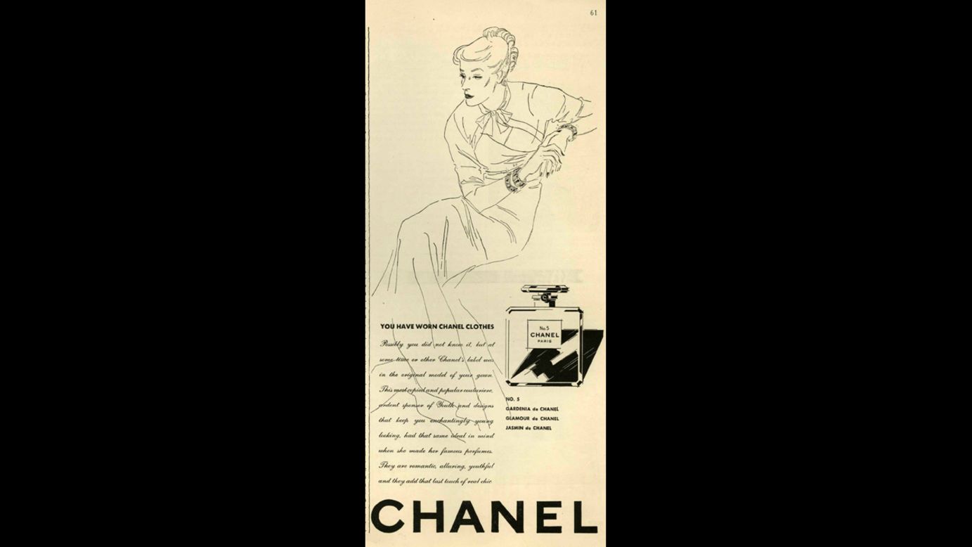 A Chanel No. 5 ad from the 1930s encourages fans of Chanel's designs to try her perfume to "add that last touch of real chic."