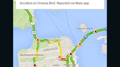 Google is adding real-time info about accidents and traffic jams to its mobile maps. Note the red icon near the Castro district.